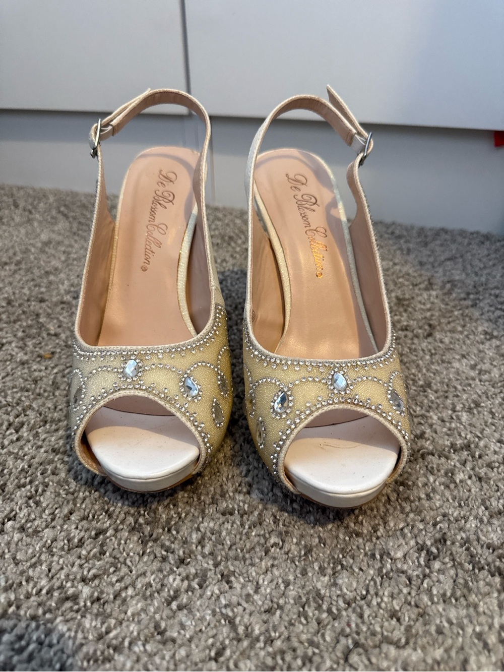 De Blossom Collection Gold Crystal Peep-Toe Slingback Heels